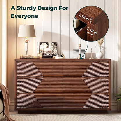 55.12" Modern Chest of Drawer, 6 Deep Drawers,Clothes Organizer,Large Storage Cabinet for Living Room, Bedroom,Dresser TV Stand, Wood Drawer Organizer for Living Room, Hallway, Walnut