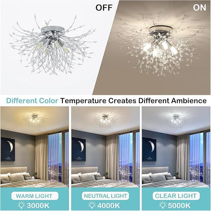 HMVPL Chrome Crystal 4-Light Mini Firework Ceiling Light Fixture, Modern Sputnik Chandelier, Suitable for Bedroom, Kitchen, Hallway, Closet, Dining Room