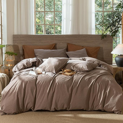 MooMee Wavy Striped Duvet Cover Set 100% Washed Cotton Linen Like Textured Breathable Durable Soft Comfy (Brown, Super Queen 90"x98")