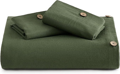 Bedsure Linen Duvet Cover Queen - Linen Cotton Blend Bedding Set, Soft & Cozy, 3 Pieces, 1 Duvet Cover 90x90 Inches and 2 Pillowcases, Olive Green Color Cooling Bedding, Comforter Sold Separately