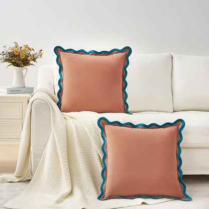 MONDAY MOOSE Decorative Throw Pillow Covers Cushion Cases, Set of 2 Soft Velvet Scalloped Wavy Edge Designs, Mix and Match for Home Decor, Pillow Inserts Not Included (Teal/Pink, 20x20 inch)