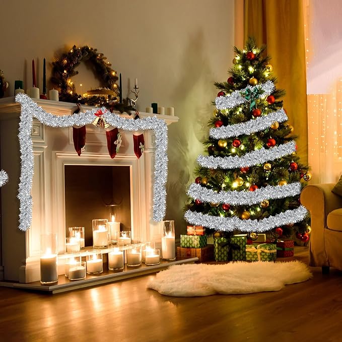 50 Feet Silver Metallic Twist Shiny Garland for Christmas Tree Decorations, Xmas Hanging Decor for Home Mantle Indoor Outdoor Holiday Party Supplies