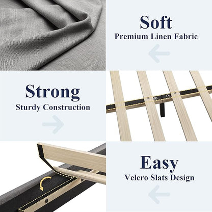 Allewie King Size Platform Bed Frame with Adjustable Upholstered Headboard, Strong Wood Slats, Heavy Duty Mattress Foundation, No Box Spring Needed, Noise-Free, Easy Assembly, Light Grey