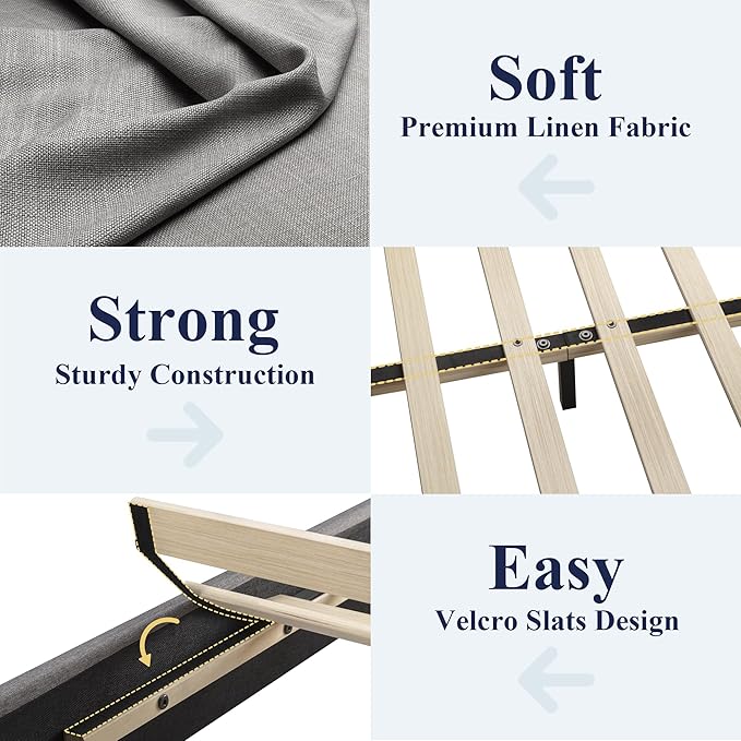 Allewie Full Size Bed Frame with Adjustable Headboard, Upholstered Platform Bed with Wood Slats, Heavy Duty Mattress Foundation, No Box Spring Needed, Noise-Free, Easy Assembly, Light Grey