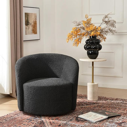 KINWELL 34" W Mid Century Modern Swivel Barrel Chair, Round Upholstered Boucle Swivel Accent Chairs, No Assembly Chair for Living Room Bedroom Reading Apartment Lounge Nursery(Black)