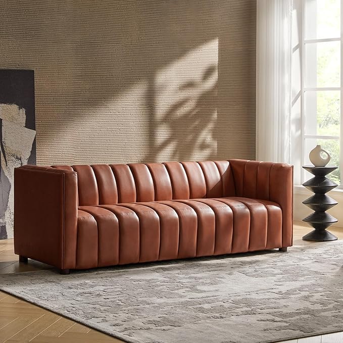 HULALA HOME 83" Genuine Leather Sofa with Channel Tufted Design, 3-Seater Sofa for Living Room Bedroom, Modern Oversized Couch with Wood Legs, Brown
