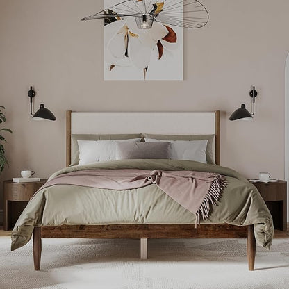 DG Casa Solid Wood Boucle Mid-Century Modern Full Size Wooden Platform Bed Frame - Upholstered in Cream Boucle - Walnut Finish