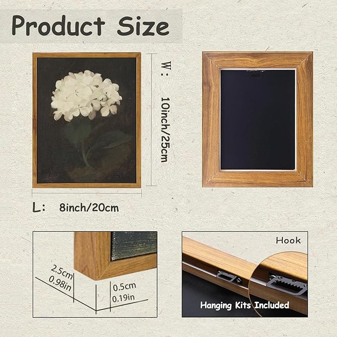 KBKBART Framed Wall Art Vintage Wall Art Room Decor, White Hydrangea Still Life Flower Canvas Oil Painting Prints, Classical Floral Wall Decor, Bedroom Bathroom Pictures Artwork（8“x10