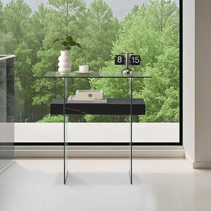 ivinta Glass Console Table with Storage, 31.5'' Modern Narrow Sofa Table for Small Space with Natural Wood Shelves for Living Room, Hallway, Foyer, Bedroom 5103 (Black)