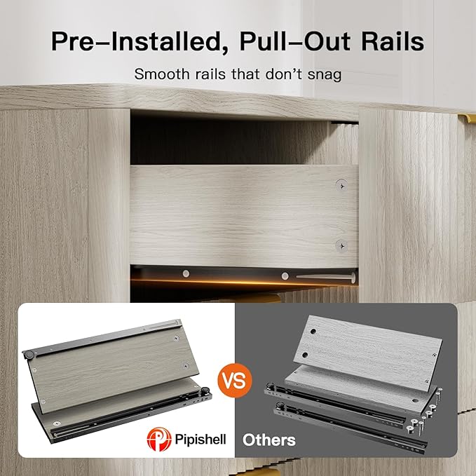 Pipishell Fluted 7 Drawers Dresser for Bedroom, 47" Wooden Drawers with Metal Handle, Dressers with Round Corner Design, Closet Storage Organizer for Bedroom, Hallway, Grey