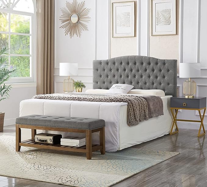 24KF Large Rectangular Upholstered Tufted Linen Fabric Ottoman Bench, Padded Bench with Solid Wood Shelf-Granite