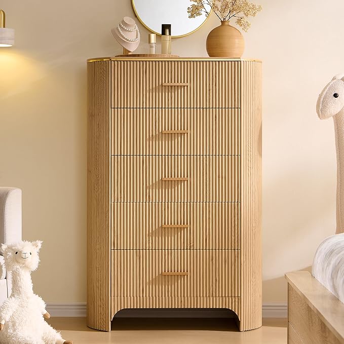 Fluted 5 Drawer Tall Dresser with Curved Profile,47.8" Tall Drawers with Reeded Texture,Gold Handles Storage Organizer Cabinet for Bedroom,Living Room,Entryway,Natural Oak
