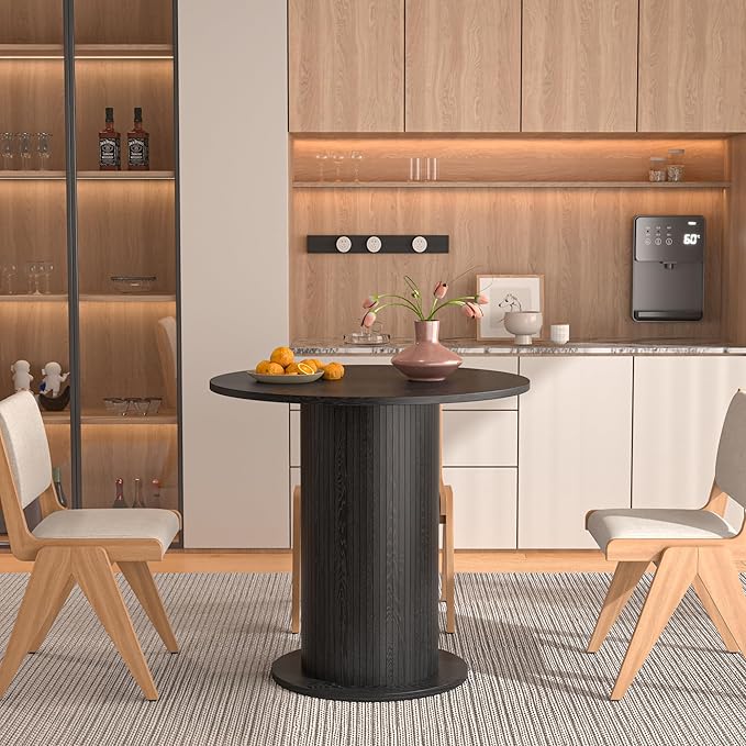 31.5 inch Round Dining Table for 2, Modern Farmhouse Kitchen Table, Small Circle Dining Tables with Wood Strip Base for Kitchen Living Room (Black)