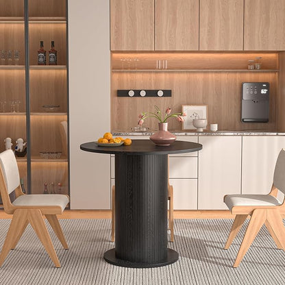 31.5 inch Round Dining Table for 2, Modern Farmhouse Kitchen Table, Small Circle Dining Tables with Wood Strip Base for Kitchen Living Room (Black)