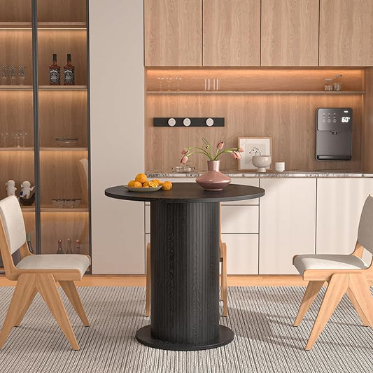 31.5 inch Round Dining Table for 2, Modern Farmhouse Kitchen Table, Small Circle Dining Tables with Wood Strip Base for Kitchen Living Room (Black)