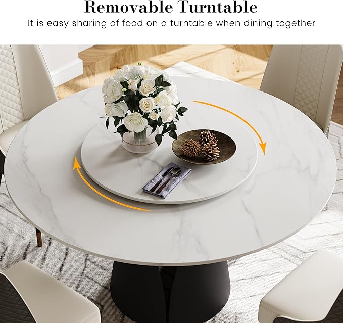 POVISON Round Dining Table for 4, 47" Modern Round Dining Table Built in Lazy Susan, Matte Sintered Stone Tabletop with Black Carbon Steel Pedestal, White