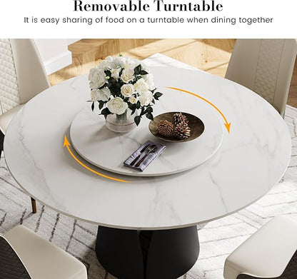 POVISON Round Dining Table for 4, 47" Modern Round Dining Table Built in Lazy Susan, Matte Sintered Stone Tabletop with Black Carbon Steel Pedestal, White