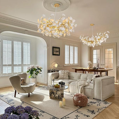 Modern Gold and White Tree Branches Chandeliers for Living Room, 48''Modern Rounde Ceramic Ginkgo Leaf Chandelier, Dining Room Chandelier Over Table, for Foyer, Bathroom, Bedroom