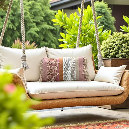 Decorative Boho-Chic Lumbar Pillow Cover 12x20 Handwoven Tufted Fringed Cotton Pink Cream Beige Neutral Farmhouse Bohemian Scandinavian Trendy USA Design