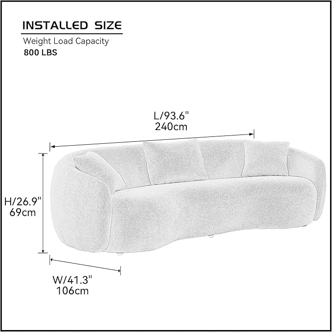 KEIKI 94" Boucle Half Moon Curved Sectional Sofa with 3 Throw Pillows, Modern Style 4-Seater Teddy Fleece Leisure Couch with Curved Backrest, Easy Assembly, for Apartment, Living Room, Bedroom, Whtie