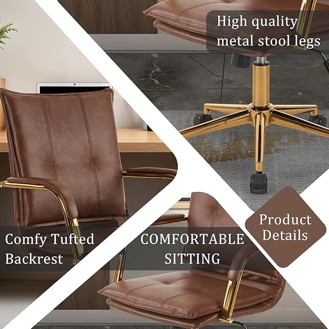 MOJAY Mid-Back Ergonomic Leather Desk Chair, Modern Upholstered Computer Chair, Executive Office Chair with Arms, Swivel Adjustable Rolling Chair with Gold Base (Brown)
