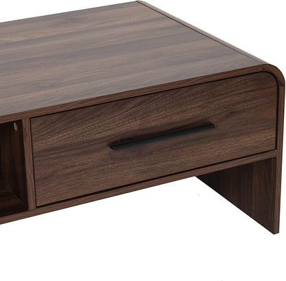 LuxenHome 47” Coffee Table with Storage, Mid-Century Modern Walnut Finish Wood Center Table with 2-Drawer and Open Shelf for Living Room, Accent Cocktail Tables with Safe Rounded Corners