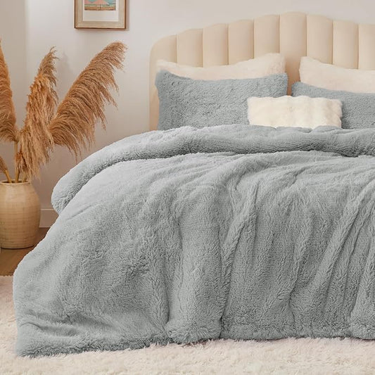 BEDELITE Grey Fluffy Comforter Set Queen Size, Fuzzy Faux Fur Comforter Bedding Set, 3Pieces Soft Warm Shaggy Bed Set (1 Comforter & 2 Pillowcases) as Gifts for Women
