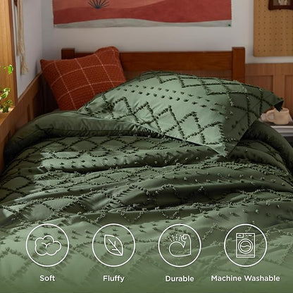 Bedsure Twin Comforter Set - Olive Green Comforter, Boho Tufted Shabby Chic Bedding for Kids, 2 Pieces Vintage Farmhouse Bed Set for All Seasons, Fluffy Soft Bedding with 1 Pillow Sham