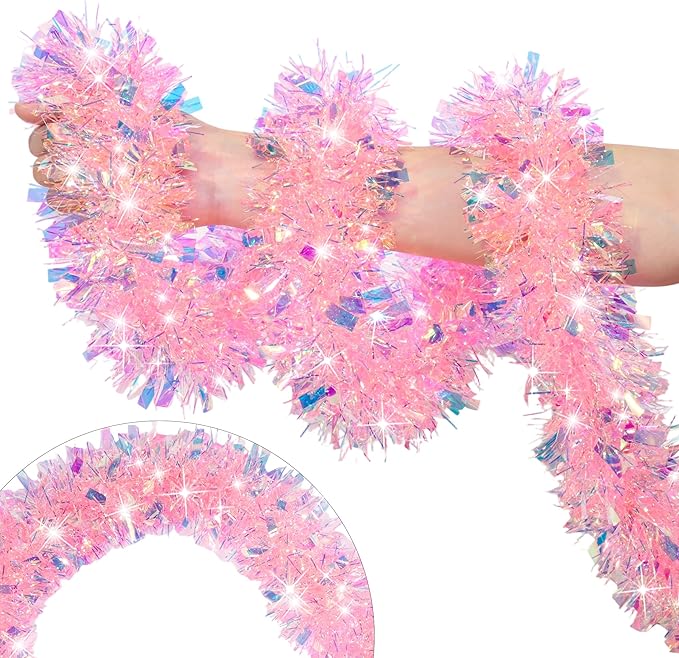 50 Feet Pink Christmas Tinsel Garland for Christmas Tree Decorations, Xmas Metallic Twist Shiny Hanging Garland Decor for Mantle Stairs Fireplace Home Holiday Indoor Outdoor