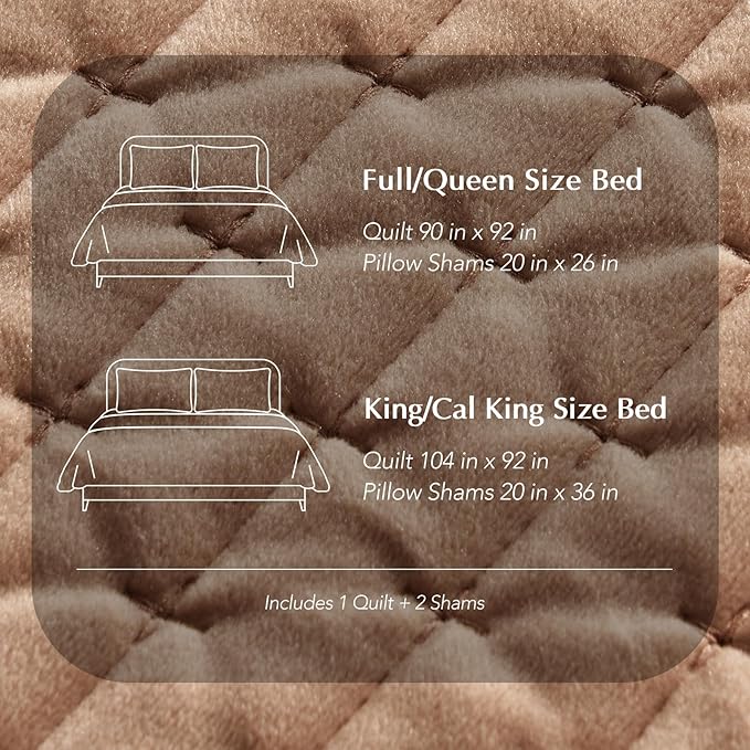 EVERGRACE Luxury Velvet Quilt Set King Size 3 Piece, Soft Cross-Stitch Velvet Comforter Set with Pillow Shams, Lightweight Coverlet Bedspread Bedding Set for All Seasons, Tobacco Brown