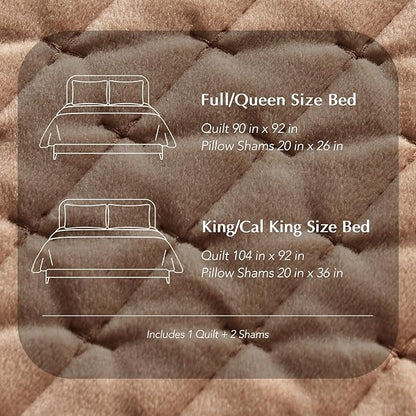 EVERGRACE Luxury Velvet Quilt Set King Size 3 Piece, Soft Cross-Stitch Velvet Comforter Set with Pillow Shams, Lightweight Coverlet Bedspread Bedding Set for All Seasons, Tobacco Brown