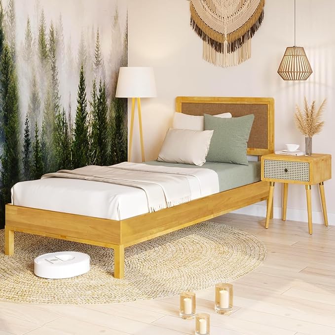 Bme Nipe 14 Inch Bohemian Bed Frame with Adjustable Woven Headboard - Rustic & Vintage Unique Style with Acacia Wood - No Box Spring Needed - Easy Assembly - Twin, Natural