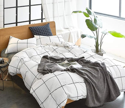 CLOTHKNOW White Plaid Queen Comforter Set 3Pcs Grid Bedding Comforter Sets Geometric Comforter Soft White Comforter with 2 x Pillow Cases