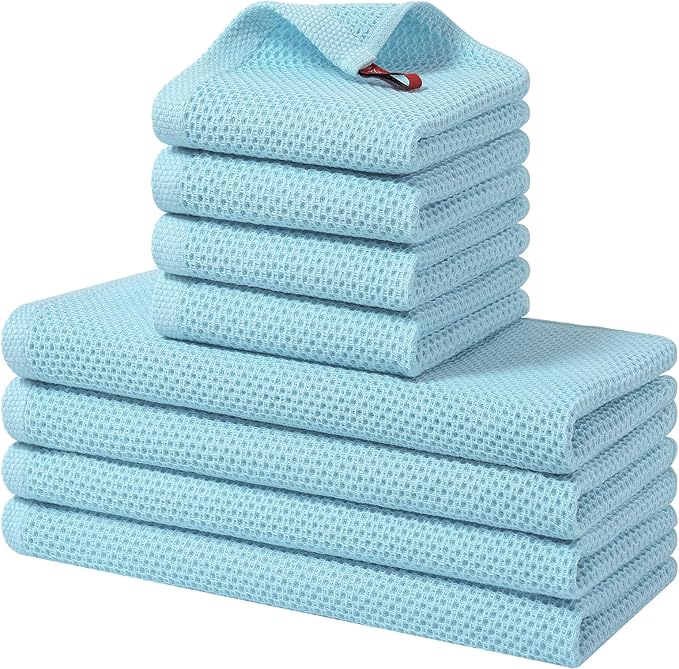 Homaxy 100% Cotton Kitchen Towels and Dishcloths Set, 12 x 12 Inches and 13 x 28 Inches, Set of 8 Bulk Kitchen Towels Set, Ultra Soft Absorbent Dish Cloths for Washing Dishes, Sky Blue