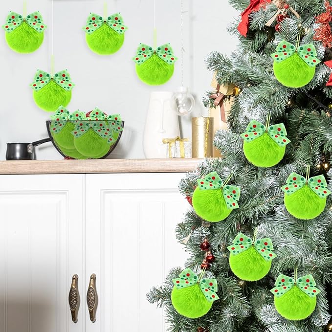 Norme 24-Pack Lime Green Furry Christmas Balls with Bow, 4" Soft Faux Fur Plush Pom Pom Ball Ornaments for Christmas Tree Hanging Decorations Party Fireplace Mantel Wall Decor(Green Polka Dots)