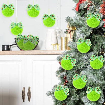 Norme 24-Pack Lime Green Furry Christmas Balls with Bow, 4" Soft Faux Fur Plush Pom Pom Ball Ornaments for Christmas Tree Hanging Decorations Party Fireplace Mantel Wall Decor(Green Polka Dots)