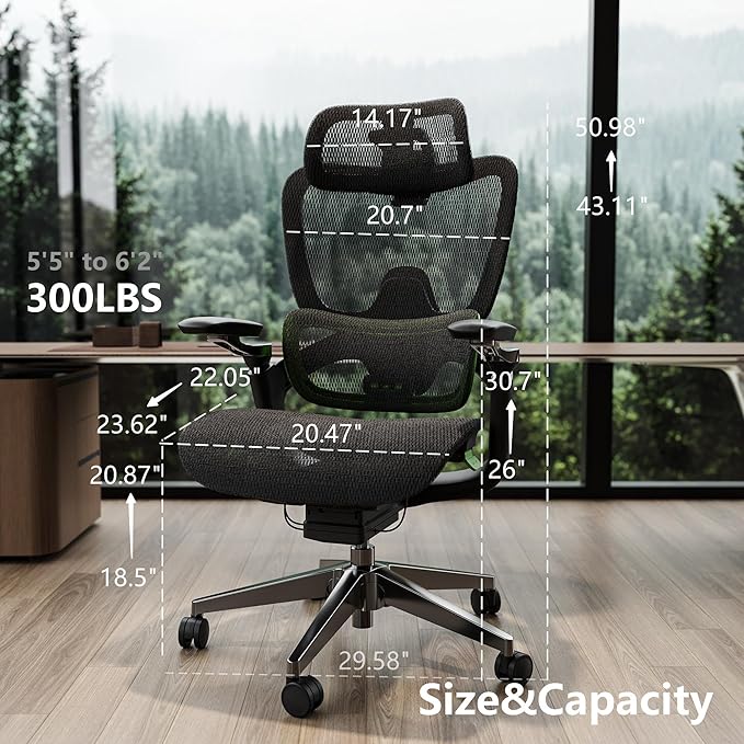 Ergonomic Office Chair, Mesh Home Desk Chair with Adaptive Lumbar Support, Gaming Chair with Headrest, 5D Armrest,90-130°Tilt, BIFMA Certified, Model Zen (Green)