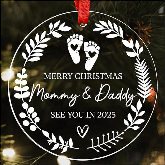 Merry Christmas Mommy & Daddy 2025 Ornament - Expecting Baby Mom Dad Ornament Xmas Gifts for New Mom Dad New Parents Gifts - Pregnancy Announcement for Husband Coming Soon 2025 Baby