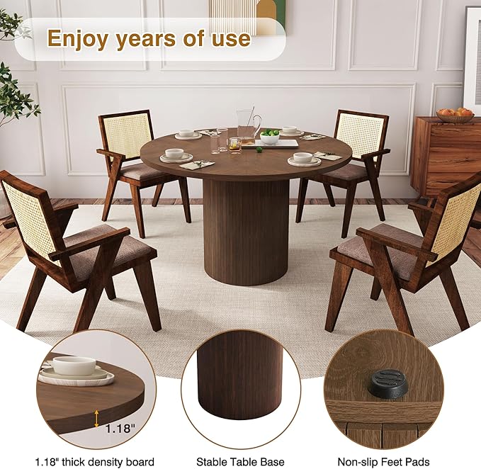 Round Dining Table for 4, Modern Farmhouse Kitchen Table, 47 Inch Small Circle Dining Tables with Wood Strip Base for Kitchen Living Room (Walnut)