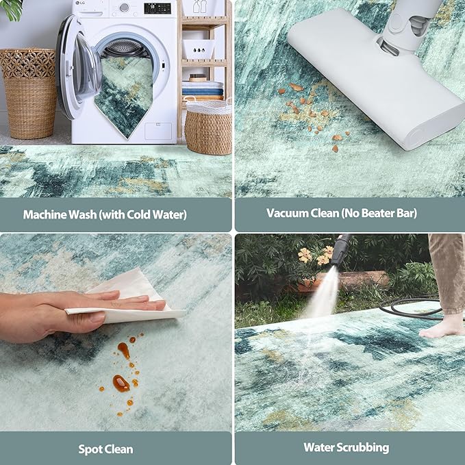 Runner Rug for Hallways Kitchen 2'6"x8' Washable Non Slip: Carpet Non Skid 8ft Entryway Rubber Backed 8 Feet Neutral Abstract Modern Rug Low Pile Pet Friendly Indoor Teal Grey Gold