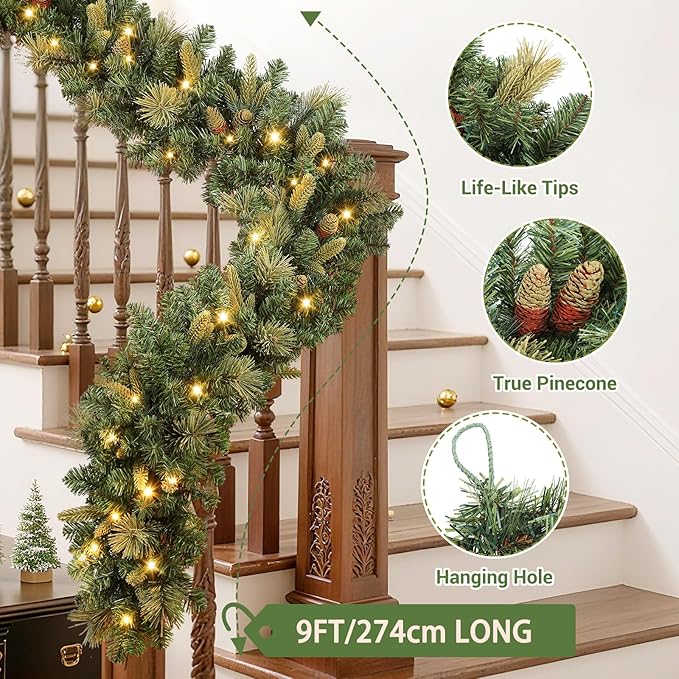 SHareconn Guirnalda de Navidad preiluminada de 9 pies con Christmas decoración de piñas y luces LED multicolor enchufables, guirnalda iluminada para chimenea, mesa, decoración de Navidad en interiores y