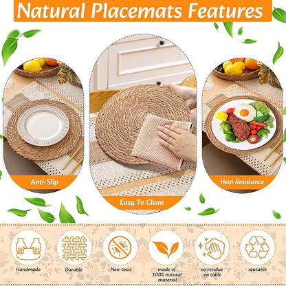 6 Sets Boho Placemats: Round Woven, Rectangular Boho, Wooden Bead Napkin Rings, Cloth Napkins, Long Table Runner & Storage Basket - Natural Burlap Cotton for Kitchen Table Home