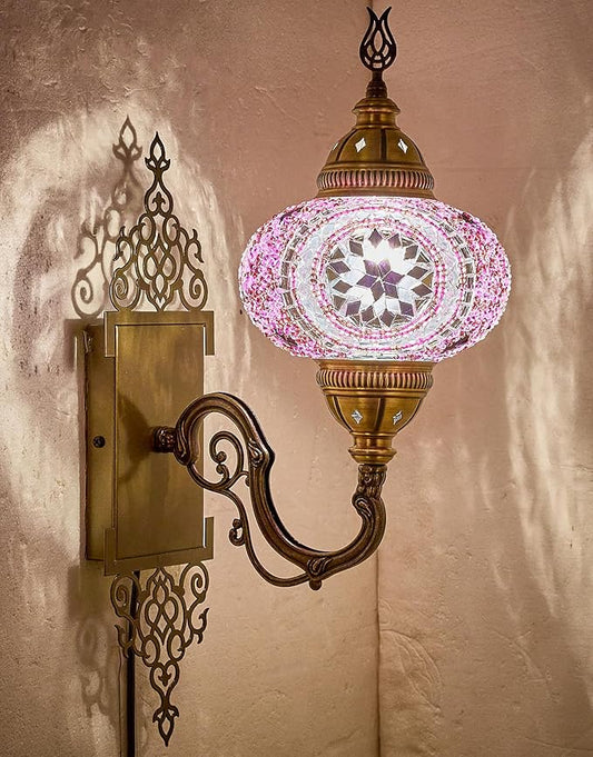 DEMMEX Turkish Moroccan Tiffany Style Mosaic Wall Sconce Lamp Light, Big Size Globe, Decorated Brass Body, Handmade, 15x5 Inches, Purple Lilac