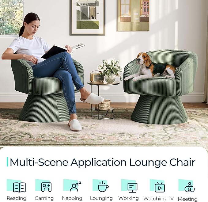 LINSY Swivel Barrel Chair, 360 Modern Swivel Accent Chair Boucle Swivel Chair Round, Green Corduroy Chairs with Arms, Small Barrel Chair for Small Spaces Bedroom Living Room