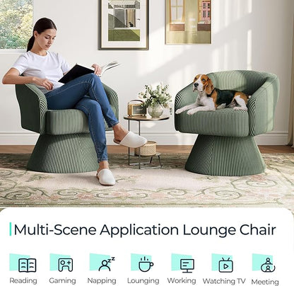 LINSY Swivel Barrel Chair, 360 Modern Swivel Accent Chair Boucle Swivel Chair Round, Green Corduroy Chairs with Arms, Small Barrel Chair for Small Spaces Bedroom Living Room