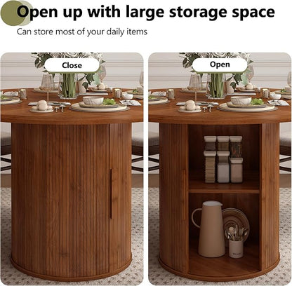 47 inch Round Dining Table for 4, Kitchen Table Dinner Table with 2-Layer Storage Shelf and Wood Slide Door for Home Dining Room Living Room (Walnut)