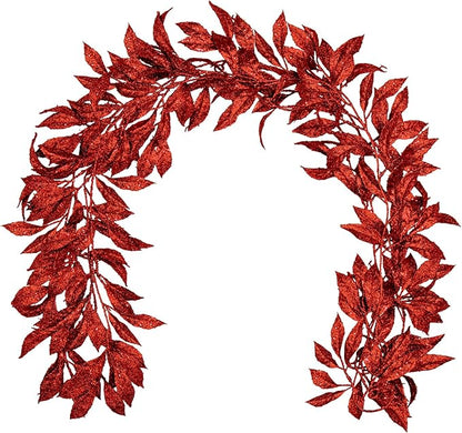 3 Pcs 6FT Christmas Garland Red Glittered Artificial Magnolia Leaves for Mantle Christmas Tree Decorations Indoor Outdoor Hanging Garland Ornaments Garden Door Wall Window Stair Holiday Home Decor