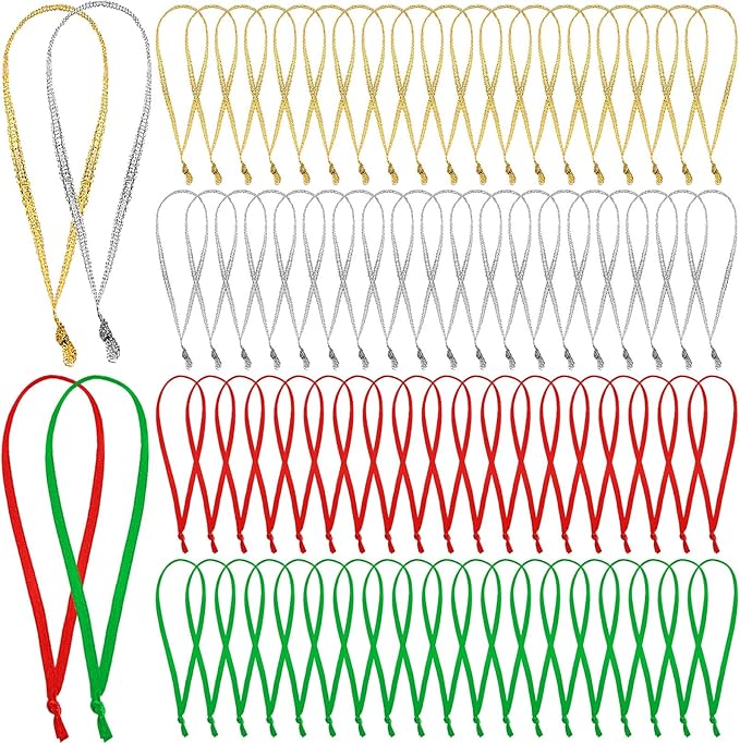 JUNEBRUSHS 300Pcs Christmas Ornament Hangers, Hand Tied String Ties Ornament Loops Thin Ribbon for Ornaments Christmas Tree Hanging Decoration (Gold Silver Red Green)