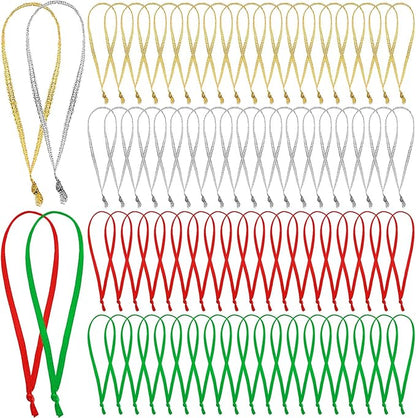 JUNEBRUSHS 300Pcs Christmas Ornament Hangers, Hand Tied String Ties Ornament Loops Thin Ribbon for Ornaments Christmas Tree Hanging Decoration (Gold Silver Red Green)