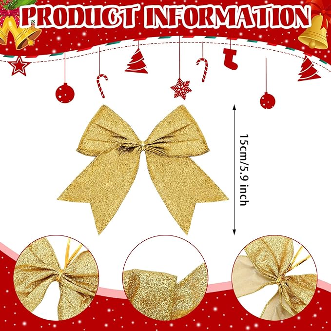 Cindeer 24 Pcs Gold Christmas Bow Decorations 6 x 6 Inches, Glitter Holiday Ornaments Sequin Ties Bows for Xmas Tree, Wreath, DIY Crafts, Gift Wrapping, Party Decor